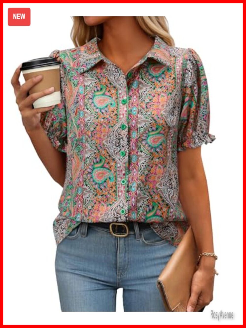 Women's Button Down Shirt Puff Sleeve Floral Summer Top